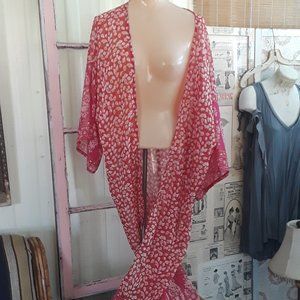 Lovely Boho Chiffon Duster Robe Pinks and Reds OS